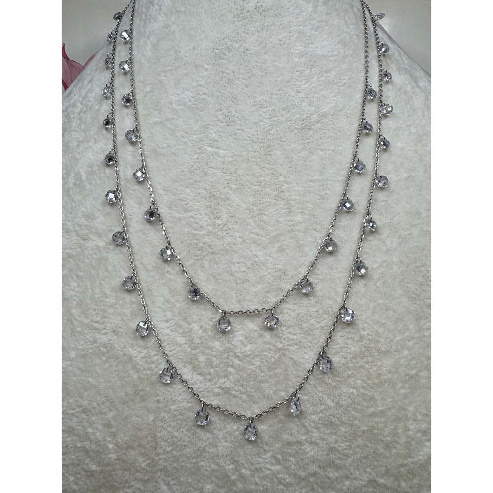 925 Sterling Silver Double Strand Clear Crystal Station Shaker Necklace 18.5" CN